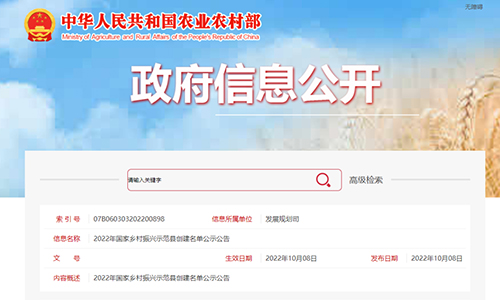 2022年国家乡村振兴示范县创建名单公示公告