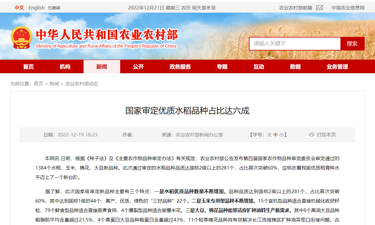 国家审定优质水稻品种占比达六成