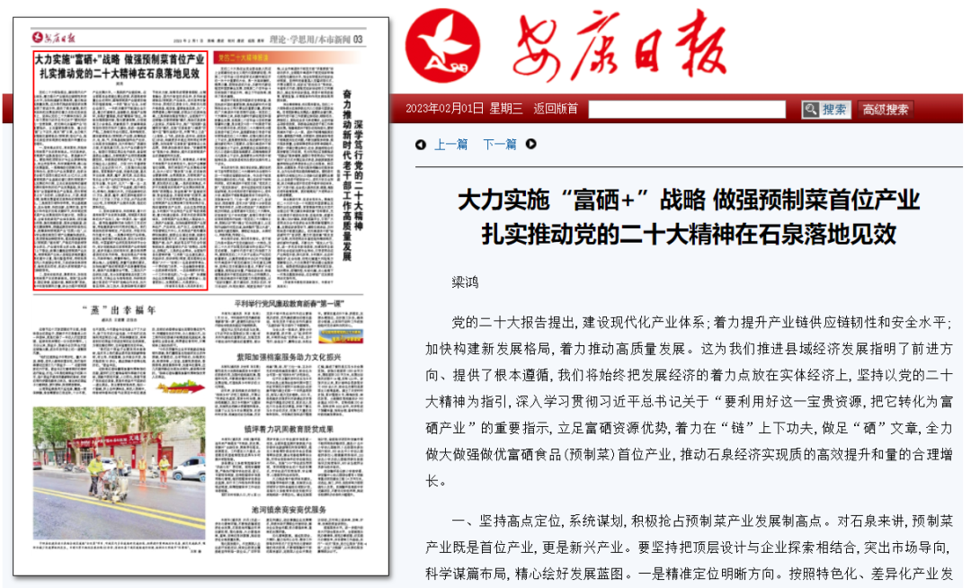 大力实施“富硒+”战略 做强预制菜首位产业扎实推动党的二十大精神在安康市石泉县落地见效