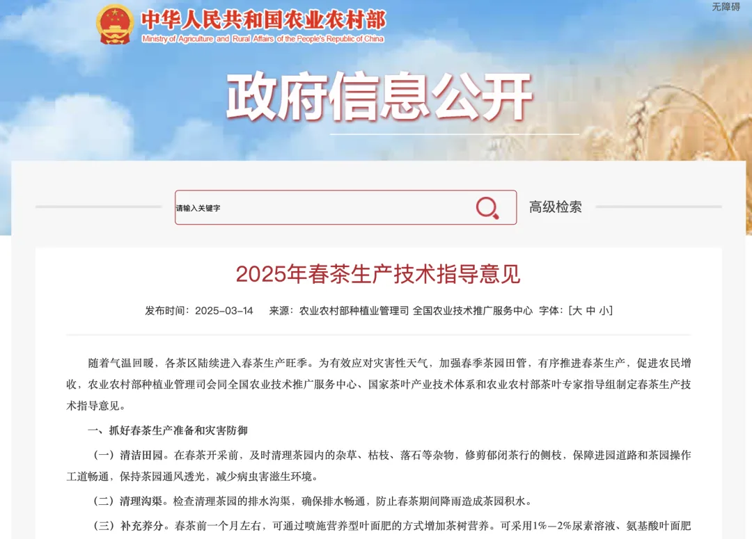 农业农村部：2025年春茶生产技术指导意见