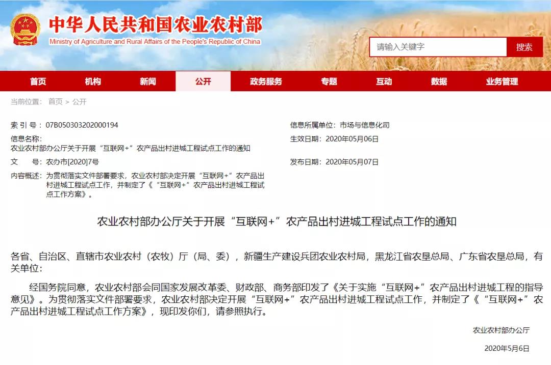 农业农村部：开展“互联网+”农产品出村进城工程试点